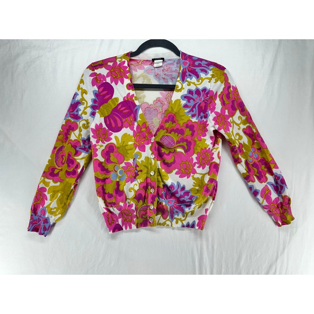 J.Crew Womens Pink Floral Psychedelic Cotton‎ V-Neck Cardigan Sweater Small